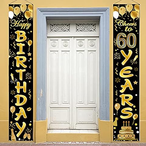 Happy 60th Birthday Party Door Banner Decorations 60 Years Old Birthday Party Supplies Fabric Welcome Porch Sign Indoor Outdoor for Women Men (Black and Gold) Cover