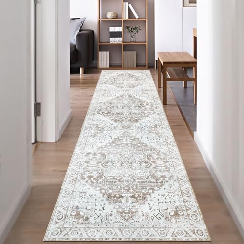 Famibay Tappeto runner per corridoio, 60 x 300 cm, vintage, per corridoio, antiscivolo, lavabile, beige, marrone, per corridoi, cucina, soggiorno, camera da letto