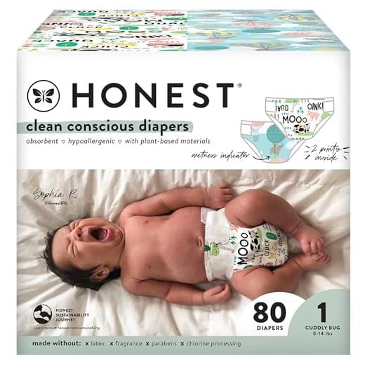 The Honest Company Clean Conscious Diapers | Plant-Based, Sustainable | Above It All + Barnyard Babies | Club Box, Size 1 (8-14 lbs), 80 Count