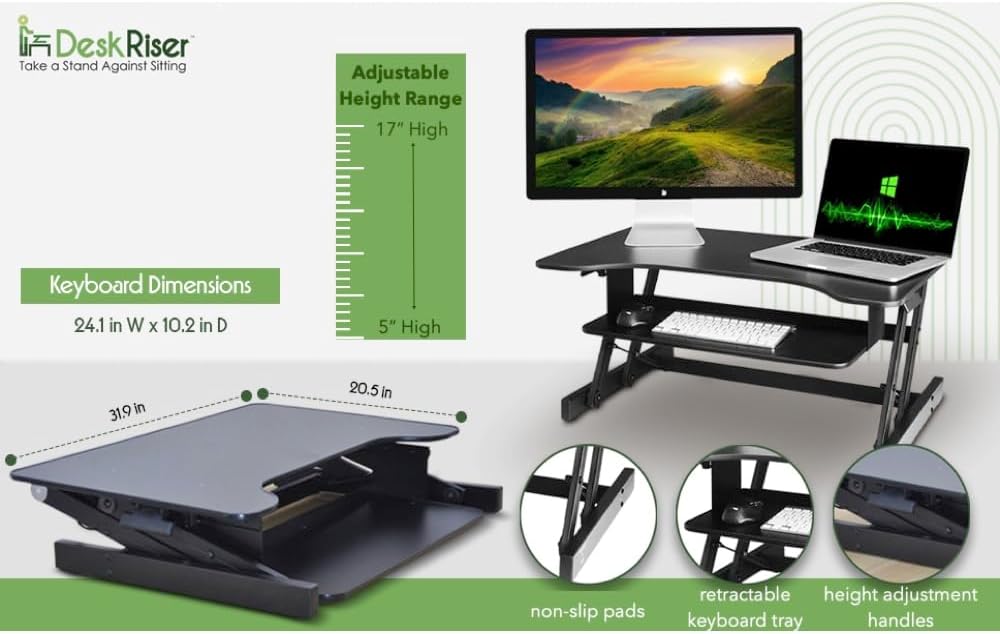 Standing Desk | Desk Riser Classic Stand Up Desk | 32 in Wide Fits 2 Monitors with Retractable Keyboard Tray (Black, 32" Wide)