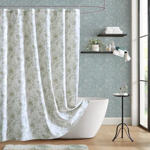Laura Ashley Walled Garden Shower Curtain Textured Cotton-Rich Slub Fabric Tonal Floral Print Elegant Transitional Bathroom Decor Machine Washable 72x72 Green