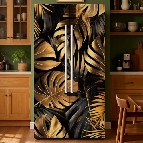 GOMAKERER 2pcs Autocollant Amovible pour Réfrigérateur à Motif de Feuilles Tropicales Noires et Dorées Autocollant Mural en Vinyle pour Porte de Réfrigérateur pour...
