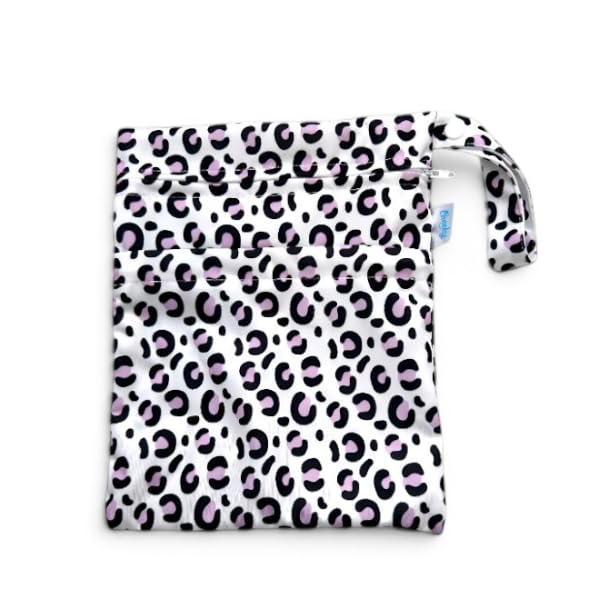 Cheeky Wipes Reusable Double Wet Bag for Period Pads & Pants – Waterproof PUL Storage Bag with 2 Zipped Compartments (Leopard White/Pink)