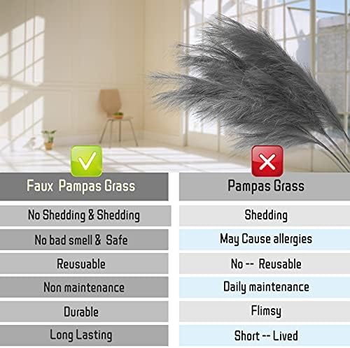 Faux Pampas Grass Large,43"/110cm 3 Stems Artificial Grey Pampas Grass Decor,Tall Fluffy Pampas Grass, Decorative Tall Artificial Flowers Floor Vase Boho Decor for Home Wedding Arrangement Grey