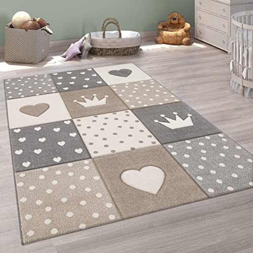 Paco Home Tapis Chambre Enfant Fille Garcon Pastel 3D Coeur Pois Couronne, Dimension:80x150 cm