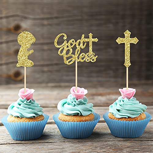 Gyufise 24Pcs Gold Glitter Boy God Bless And Baptism Cupcake Toppers Cross Babyshower Cupcake Picks Christian Party Decoration Supplies #TOP3