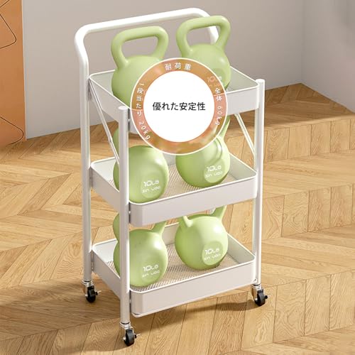 キッチンワゴン 組立不要 折りたたみ式キャスター付き 3段ワゴン ハンドル付き スチール製 収納カート 幅46×奥行30×高さ88cm メッシュ棚 収納整理移動に便利 キッチン 客厅 浴室 寝室に最適 [5]