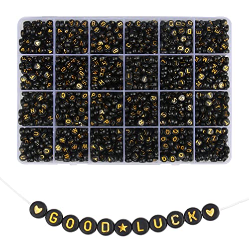 Song Xi 1720pcs Black Round Acrylic A-Z Alphabet Beads Gold Letter Beads 4x7mm Beads for Bracelets and Jewelry Making Key Chains