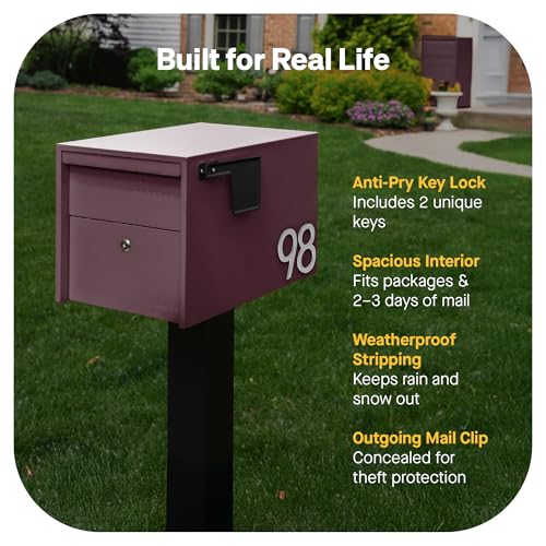 Image of Adoorn Lockable Post Mount Mailboxes for Outside - Small Anti-Theft Locking Mailbox for Packages and Letters - Weatherproof Construction - Durable Steel - 12 inch H x 12 inch W x 18.5 inch D - Malbec