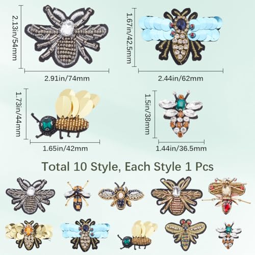GORGECRAFT 10PCS 10 Styles Handmade Rhinestone Beaded Patches Bees Dragonfly Insect Sew on Crystal Pearl Sequin Patch Clothes Embroidery Applique for Clothing Bag Decorative Scrapbooking DIY Projects - Image 3