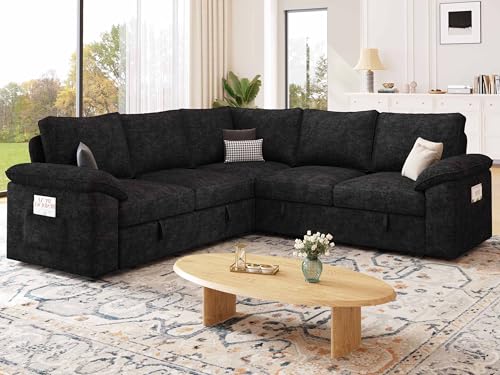 Image of 85 Inch Modular Sectional Sofa with Pull Out Bed, L Shaped 5 Seat Sectional Sleeper Sofa with Storage, Sectional Couches for Living Room, Cloud Modular Couch,Removable Sofa Cover, Black