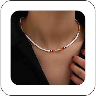 Iaceble Boho Colorful Bead Necklace Chain Seed Beaded Choker Necklace Summer Beach Beads Necklace Tiny Hawaii Rice Bead Necklace Jewelry for Women(Blue)