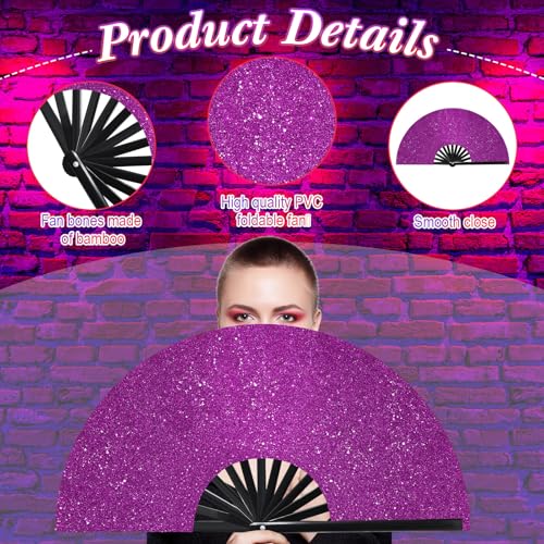 Image of Vercraft 13'' Large Rave Fan for Women Rave Accessories Festival Outfits Glitter Hand Folding Clack Fan for Line Dancing Edm Music Festival Outfits(Purple)