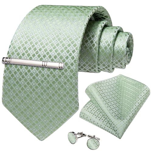 Image of DiBanGu Mens Silk Plaid Tie and Pocket Square Set | Elegant Silk Formal Tie Set, Woven Check Necktie and Cufflinks Tie Clip Set, Perfect for Wedding Party, Comes in Gift Box