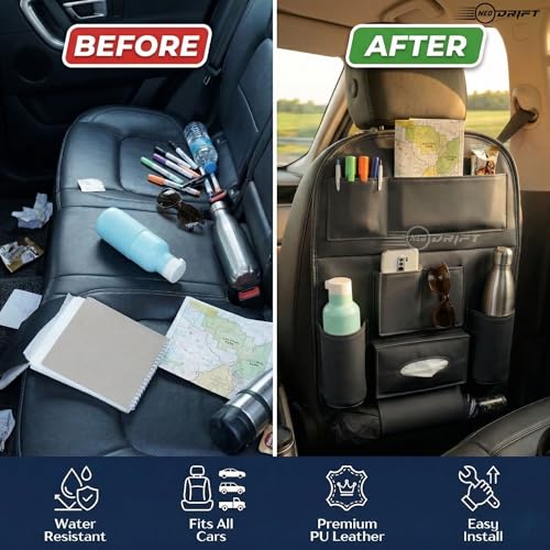 Image of Neodrift 'Seat Master Lite' Premium 7D Car Seat Organizer, Universal Fit, Multi-Pocket Storage for Bottles, Documents, Mobile, Keys, Tissues (Color: Black) (Set of 1)
