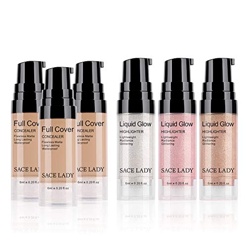 Liquid Highlighter Makeup Face Glow Shimmer And Shine Illuminator 3Pcs And Full Coverage Concealer 3Pcs For Dark Spots Eye Circles Waterproof Smooth Matte Flawless Finish Cosmetics #TOP8