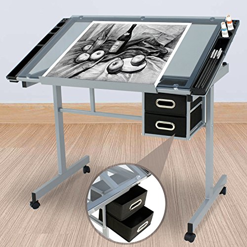 Tangkula Drawing Desk Rolling Drafting Table Tempered Glass Review