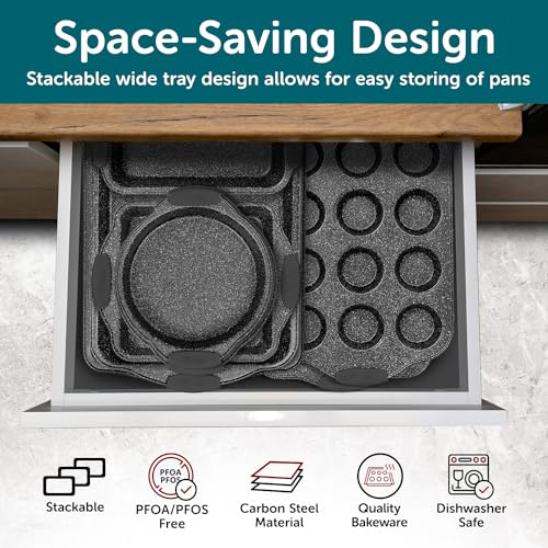 image for BAKKENMASTER 18-Piece Kitchen Oven Baking Set: Nonstick Gray Marble Co