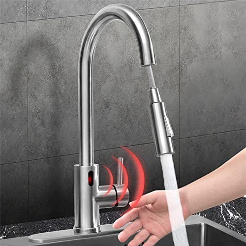 Touchless Kitchen Faucet Stainless Steel, Flow Motion Sensor Kitchen Sink Faucets With Pull Down Sprayer, High Arc Smart Kitchen Faucet For Single Hole Sink, Modern Brushed Nickel Bar Faucets #TOP13