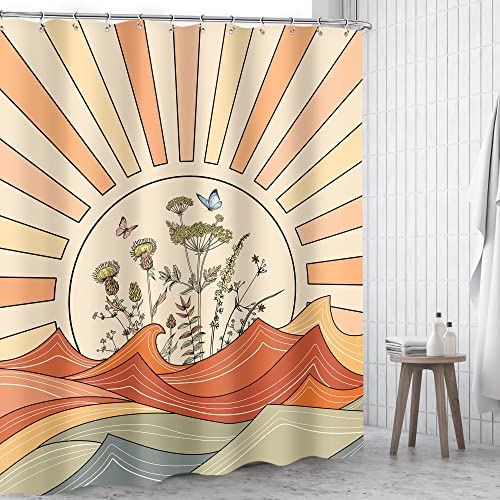 Omifly Boho Sun Shower Curtain 60Wx72H Inch Abstract Geometric Simple Minimalist Aesthetic Retro Colorful Wave Wildflower Butterfly With 12 Plastic Hooks Fabric Waterproof Toilet Accessories Decor #TOP1