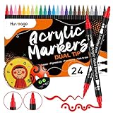 Huvoago 24 Colors Acrylic Paint Pens, Dual Tip Paint Markers With Dot Tip and Brush Tip for Rock Painting, Ceramic, Wood, Plastic, Glass, Art Supplies Permanent Markers Pens for Kids, Adults