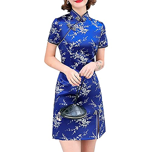 Women's Cheongsam Costume Short Sleeve Side Slit Floral Print Mandarin Collar Vintage Chinese Evening Mini Bodycon Cocktail Dress 40# Blue, M