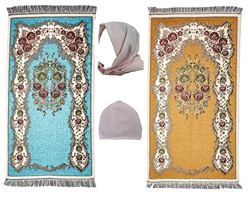 Ottoman Turkish Style Muslim Prayer Rug, Hijab and Prayer Cap (Blue and Mustard Yellow)