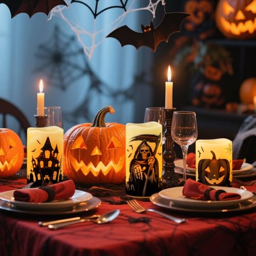 Image of Wondise Halloween Flameless Flickering Candles with 6 Hour Timer, Battery Operated Real Wax Halloween Candles Set of 3 Halloween Decoration Grim Reaper, Haunted House, Pumpkin (3 x 4 5 6 Inch)