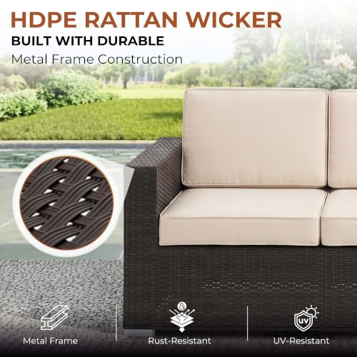 Image of DEVOKO Sera Outdoor 5 Piece HDPE Wicker Conversation Sofa Set with All Weather Water-Resistant Cushions, Glass Top Table & Ottoman for Garden, Poolside, Backyard(Dark Brown & Cream)