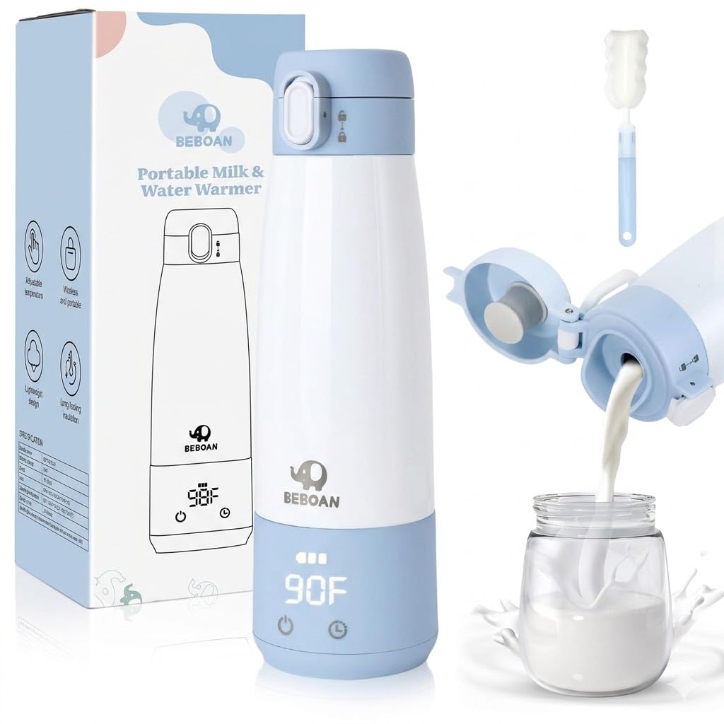 BEBOAN Portable Milk/Water Warmer for Travel, Cordless Breast Milk Formula Bottle Warmer, Smart Temperature Control 5-Temp Setting with Lock, 12oz Large Capacity, Blue