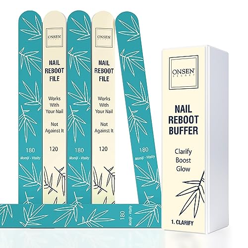 Onsen Japanese Nail SHAPE & SHINE KIT 1.0, A 3-Way Nail Buffer Block and Professional Nail File 120/180 Grit-6 pack for Natural and Acrylic Nails. Super Value Bundle, Shape and Shine Series
