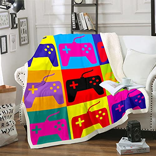 Gamers Sherpa Blanket Teen Gaming Fleece Throw Blanket For Kids Boys Girl Multicolor Joystick Black Blue Purple Fuzzy Blanket For Sofa Bed Geometric Grid Plaid,King 87X94 Inch #TOP24
