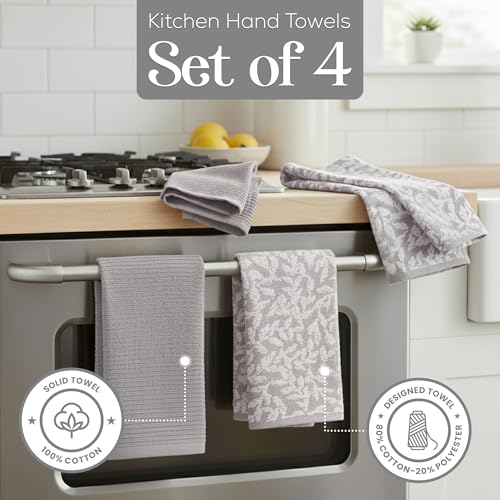 Image of Kitchen Towels, Cotton Hand Towels, Grey and White Vine Ribbed Hand Drying Cloth Set of 4 Absorbent Hand Towels, 18 x 28 Kitchen Linens