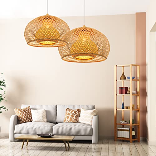 Arturesthome 1 Light Weaving Bamboo Pendant Light for Kitchen Island, Wicker Chandelier,Handmade Woven Hanging Ceiling Light Lampshade for Living Room Bedroom