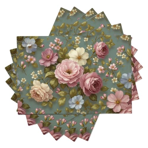 Set Di 6 Primavera Tovaglietta Colazione Stoffa 45X30Cm, Rose E Foglie Verditovagliette Americane Lavabili, Romanzo Classico