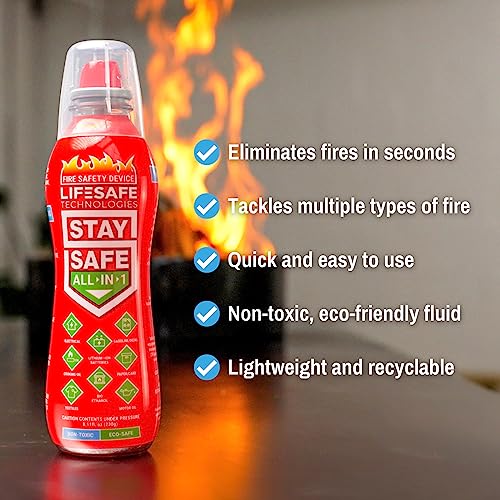 LifeSafe Technologies StaySafe All-in-1 Portable Fire Extinguisher, Compact Fire Spray Easy to use on 10 Types of Fires, Non-Toxic & Eco-Friendly