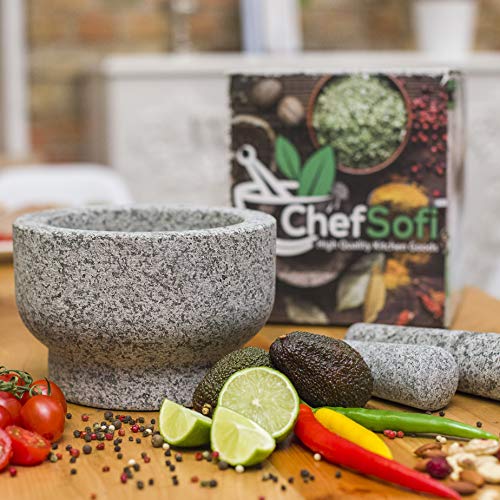 Chefsofi Extra Large 8 Inch 5 Cup-Capacity Mortar And Pestle Set - One Huge Mortar And Two Pestels: 8.5 Inch And 6.5 Inch - Unpolished Heavy Granite For Enhanced Performance And Organic Appearance #TOP3