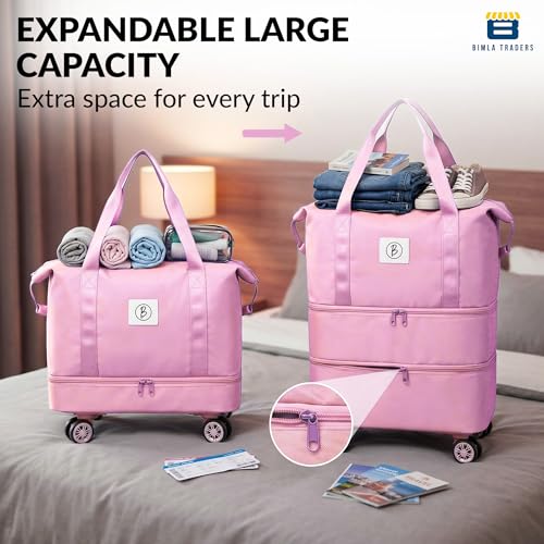 Image of Btag Travel Duffle Bag with Wheels | Convertible Handbag, Trolley & Shoulder Luggage for Clothes |Space-Saving Foldable Travel Companion |Expandable & Waterproof Traveling Bag for Unisex (Sakura Pink)