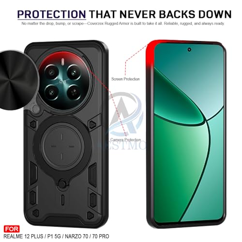Image of AESTMO Armor Compatible with Realme 12 Plus / P1 / Narzo 70 /70 Pro 5G Bumper Back Case Cover | Ring Holder & CD Pattern Sliding Camera Shutter Cover | 360 Degree Protection Back Case Cover (Black)