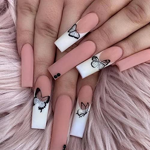 24 Pcs Advanced Pink Press on Nails Long with Black Butterfly Designs, Full Cover French Glue on Nails, Glossy Long Fake Nails Coffin Shaped, Square Head Acrylic Nails for Women Girls