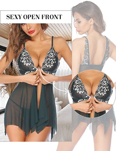 Avidlove Sexy Lingerie Lace Babydoll V Neck Nightgown Full Slips Nightwear Strap Chemise Front Clousure Nightdress Deep Green #TOP1