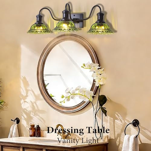 Image of Vintage Vanity Lights 3-Light, Black Bathroom Lights with Green Shade, Glass Bathroom Light Fixtures Over Mirror, Farmhouse Wall Sconce for Bathroom, Vanity Table, Entryway, Hallway