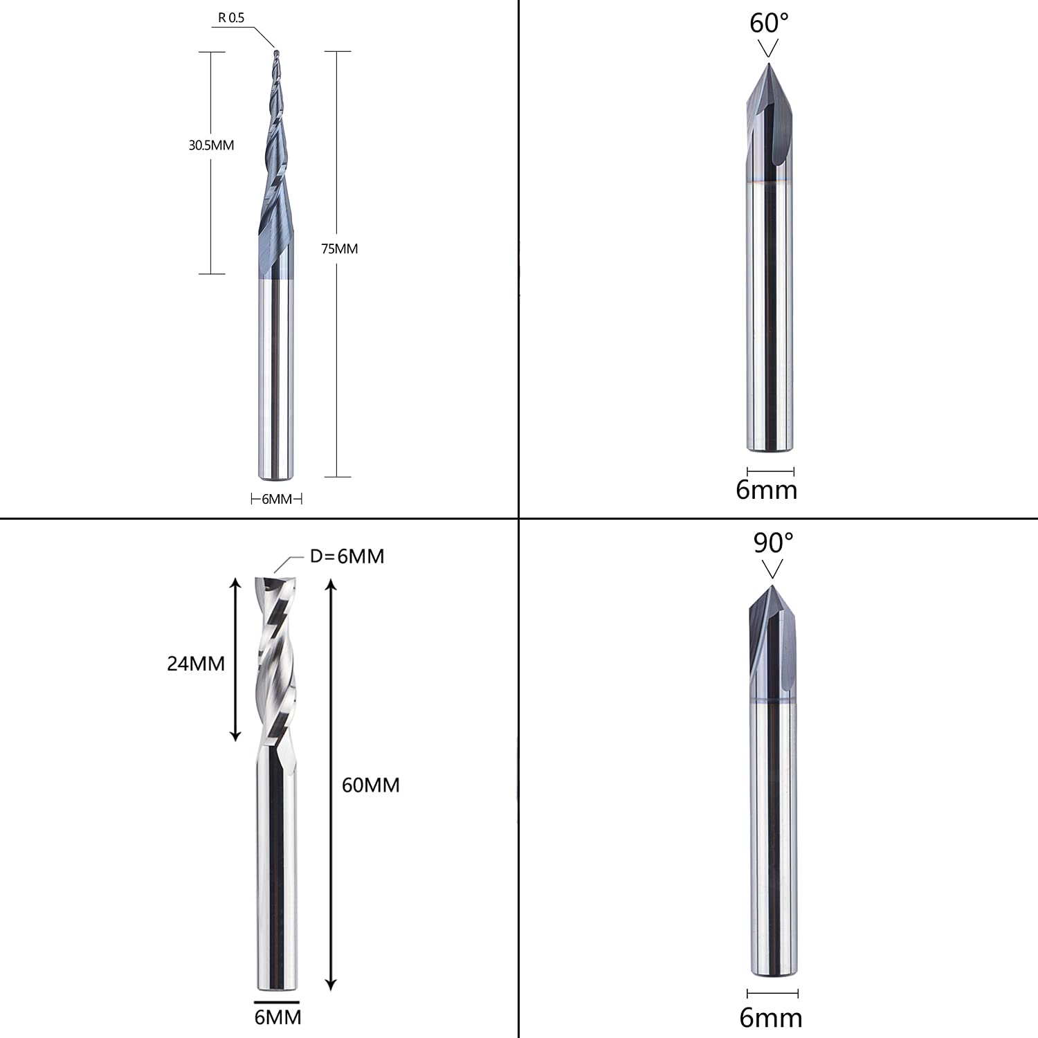 SpeTool Juego de 4 fresas de 6 mm de vástago de metal duro sólido VHM CNC Fresa en V para grabado de madera