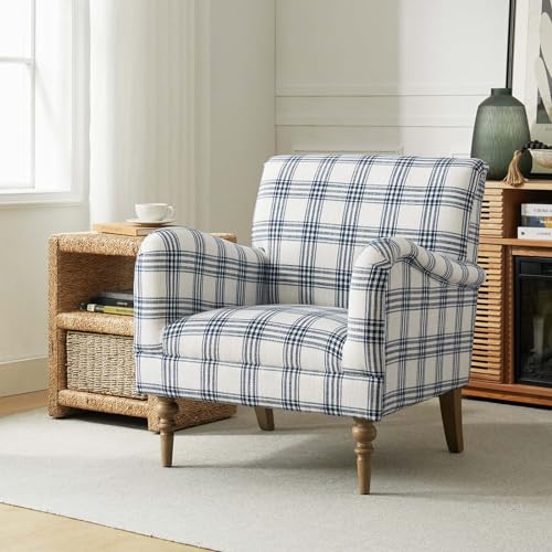HULALA HOME Modern Accent Chair with Arms and Wooden Legs, Comfy Upholstered Armchair for Living Room, Bedroom (Plaid Pattern, Navy)