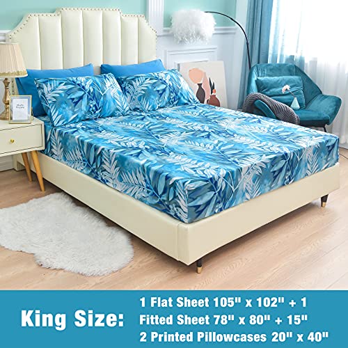 Image of JSD Blue Tropical Leaves Print King Sheet Set 16 inch Deep Pocket | 4 Piece Soft Botanical Microfiber Sheets, OEKO-TEX Certified, Easy Care