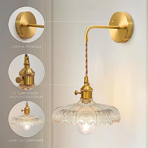 Shenmoyl Vintage 1-Light Wall Sconces Clear Flower Shade Pattern Glass Adjustable Chain Retro Gold Wall Mounted Light, Wall Lamp Fixtures Decor For Bedside Bedroom Indoor Doorway #TOP2