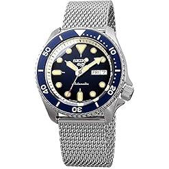 SEIKO-SRPD71-Watch-for-Men-5-Sports-Automatic-with-Manual-Winding-Movement-Blue-Dial-with-Blue-Bezel-Stainless-Steel-Case-and-Mesh-Bracelet-100m-Water-Resistant-and-DayDate-Display