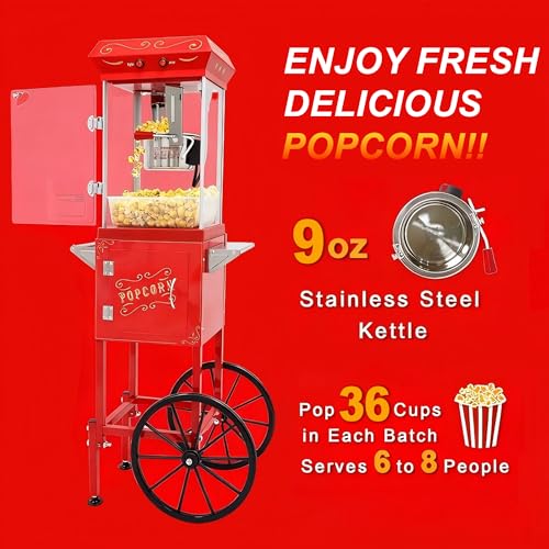 Image of Popcorn Machine with Cart 9oz - Retro Theater Style Popper Makes 36 Cups Per Batch, Stainless Steel Kettle & Wheels, for Home Movie Nights, Holiday Parties, School Events, Christmas Gift, Red
