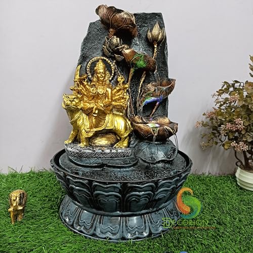Image of Decorative Table Top Water Fountain for Home Decor /Office /Indoor & Outdoor /Garden /Puja Room /Vaastu with Multicolor LED Light and Adjustable Water Pump (Durga MAA)