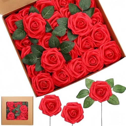 SurezoTich Red Rose 25Pcs, Foam Roses, Artificial Flower, Fake Flowers for Home Decor, Wedding, Table Centerpieces